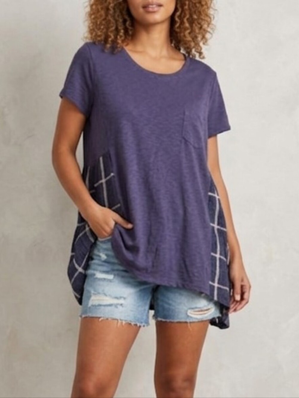 Relaxed Navy Short-Sleeve Tunic with Grid Side Panels